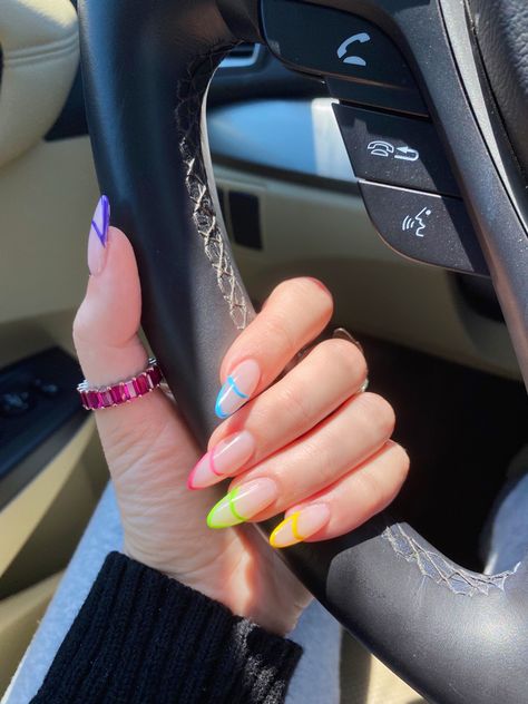 Neon Almond Nails Summer, Festival Nails Almond, Summer Vacation Nails Almond, Fun Almond Nail Designs, Fun Almond Nails Art Designs, Trending Acrylic Nails Almond, Mail Inspo Almond, Nail Designs Summer Almond, Funky Almond Nails