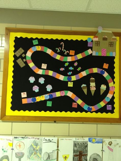 Candy Land - Note the percent goals along the path. The more kids read, the more they advance! Leasing Goal Board, Ideas For Motivation, Goals Bulletin Board, Candy Theme Classroom, Ar Reading, Data Walls, Candy Boards, Accelerated Reading, Board Game Themes