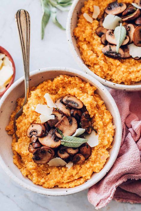 Pumpkin Quinoa Risotto Recipe Caramelized Mushrooms, Vegan Mushroom Risotto, Quinoa Risotto, Vegan Risotto, Pumpkin Quinoa, Boiled Chicken Breast, Mushroom Risotto Recipes, Vegan Mushroom, Risotto Recipe