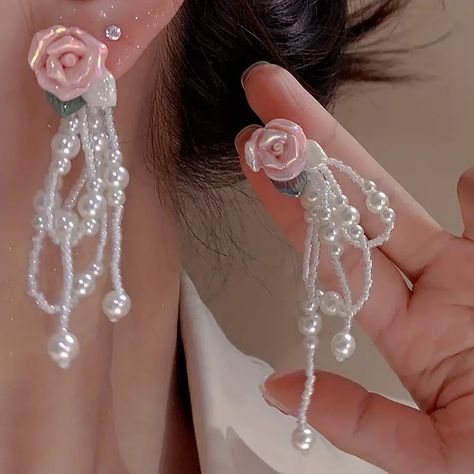 Exquisite Flower With Freshwater Pearl Decor Dangle Earrings Retro Bohemian Style Alloy Jewelry Delicate Female Gift - Temu Korean Fashion Pink, Sweet Earrings, Fairy Jewelry, Pink Rose Flower, Pink Y2k, Long Tassel Earrings, Resin Flowers, Earring Jewelry, Pink Earrings