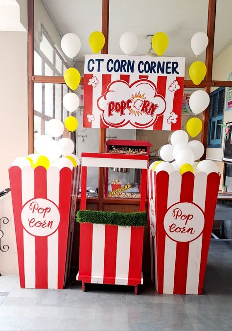 Popcorn Stand Ideas Diy, Diy Popcorn Stand, Popcorn Backdrop, Carnival Stalls, Popcorn Decorations, Carnival Booths, Popcorn Stand, Diy Popcorn, Gate Decoration