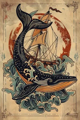 ↑↑↑ Larger size on website 🔸 A vintage-style illustration depicts a whale breaching through crashing waves, with a sailing ship o 🔸 From Midjourney AI Image Whale Tattoo Design, Traditional Tattoo Illustration, Woo Tattoo, Hobbit Tattoo, Whale Breaching, Whale Tattoo, Fort George, Whale Illustration, Phoenix Tattoo Design