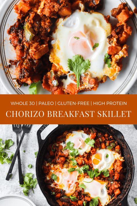 Chorizo Breakfast Skillet Paleo Chorizo Recipes, Chorizo Sausage Breakfast Recipes, Southwest Breakfast Skillet, Breakfast Ideas Chorizo, Chorizo Breakfast Bowl, Unprocessed Breakfast Ideas, Skillet Breakfast Recipes, Chorizo Skillet, Chorizo Frittata