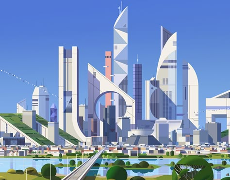 Futuristic City Landscape, City Concept Design, Futuristic City Illustration, Futuristic Building Concept Art, City Development, Rumah Minecraft Sederhana, Futuristic Building, Building Illustration, Tall Buildings