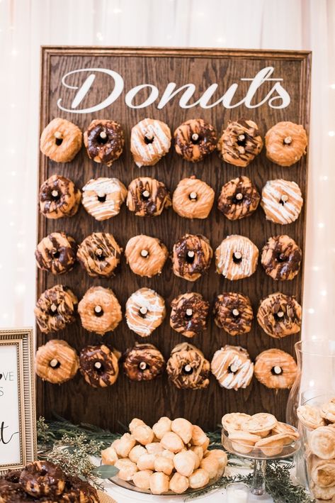 Donut Wall Wedding, Botanical Wedding Theme, Doughnut Wall, Pink Doughnuts, Romantic Fall Wedding, Hidden Lake, Wedding Donuts, Paper Fox, Donut Bar