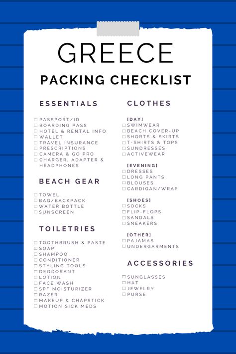 Greece Packing Checklist, Two Weeks In Greece Packing, Greece Travel Must Haves, Greece Outfits For October, Traveling To Greece Packing Lists, Packing List Greece Summer, Greece Trip Planning, What To Bring To Greece, Greek Packing List