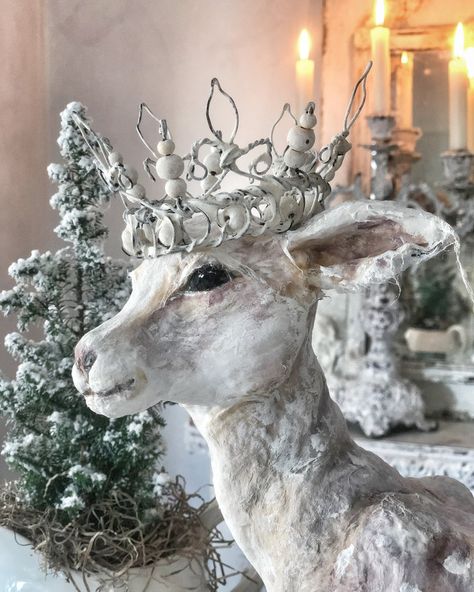 New Arrival- Fawn White Mist Mache Art, Animal Head Wall, Paper Mache Animals, Paper Mache Sculpture, Paper Mache Art, Country Christmas Decorations, Paper Mache Crafts, Christmas Interiors, White Christmas Decor