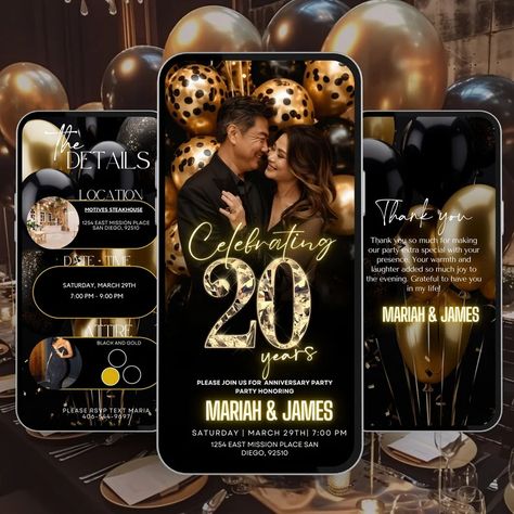 20th Anniversary Invitation, Party Itinerary, Black Gold Template, Wedding Golden Anniversary, We Still Do, Surprise Vow Renewal Evite - Etsy Surprise Vow Renewal, Gold Template, Phone Text Message, Party Itinerary, Anniversary Invitation, Animated Invitations, Invitation Party, Golden Anniversary, Party Inspo