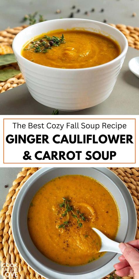 Enjoy this creamy ginger cauliflower carrot soup, a perfect healthy and cozy vegan fall soup recipe. The natural creaminess of cauliflower blends beautifully with the sweetness of carrots and the warmth of ginger. Ideal for a light fall lunch or dinner, it’s packed with nutrients and ready in just 30 minutes! Pair it with crusty bread for satisfying easy meal. #vegansoup #healthysouprecipes #fallsouprecipes Cauliflower Ginger Soup, Vegan Carrot Soup Recipes, Cauliflower Soup Recipes Healthy, Carrot Soup Recipes Easy, Vegan Fall Soup, Cauliflower Carrot Soup, Gut Healing Soup, Soup With Cauliflower, Vegan Cauliflower Soup