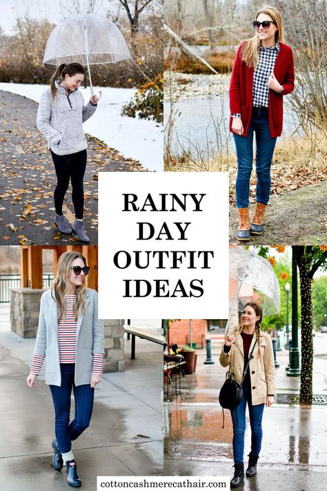 22 rainy day outfit ideas | what to wear in the rain | how to dress for the rain | the best rain boots | Hunter boots | Sperry Saltwater boots | Blondo waterproof boots | L.L.Bean boots | Cotton Cashmere Cat Hair Chelsea Rain Boots Outfit, Rainy Day Work Outfit, Fall Rainy Day Outfits, Outfit For Rainy Day, Rain Outfits, Pub Outfit, Rainy Spring Outfit, Duck Boots Outfit, Raining Day Outfit