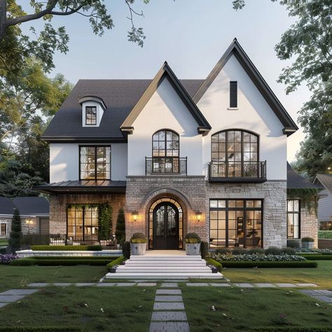 Contemporary Home Exterior Design, Modern Farmhouse Architecture Exterior, 2 Story Elevation Design, Classy Home Exterior, Houses With Pillars, 2 Story House Ideas, New England Homes Exterior, Transitional Exterior Home Design, Medium Sized House