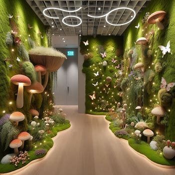 sza moss garden rectangular wall small indent room inside includes fuzzy mushrooms, fairies, butterflies, with moss crawling on the side of the wall, circular flat lights going down the hallways with gel lights and butterflies hanging down - Image Creator from Microsoft Designer Moss Forest Aesthetic, Fairy Restaurant, Mushrooms Decoration, Fuzzy Wall, Sea Room Aesthetic, Moss Bedroom, Sensory Kids Room, Fairy Garden Room, Secret Garden Theme