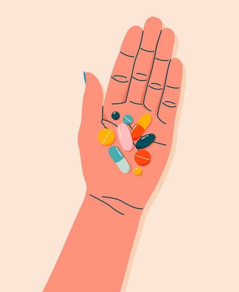 Colorful pills, drugs, vitamins in woman's hand. Female hand holding pills. Healthcare and medicine concept. Hand drawn modern flat vector illustration for web banner, card design. Medicine Aesthetic Pills, Vitamins Illustration, Pill Illustration, Pharmacy Illustration, Healthcare Aesthetic, Medical Instagram, Daniel Molloy, Pill Design, Medicine Illustration