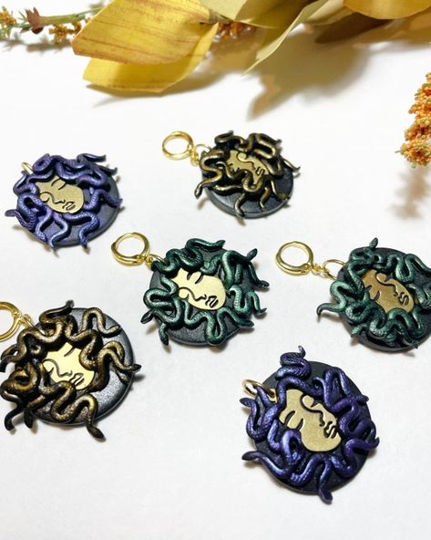 Medusa Earrings, Gold And Purple, Earrings Clay, Earring Ideas, Polymer Clay Charms, Etsy Art, Clay Charms, Epiphany, Earrings Statement