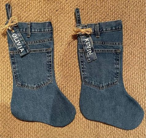 Denim Upcyclers | I made these jean stockings for everyone last Holiday | Facebook Stockings Diy, Denim Christmas, Diy Stockings, Last Holiday, Christmas Stockings Diy, Upcycled Clothes, Upcycle Sewing, Denim Projects, Jean Crafts