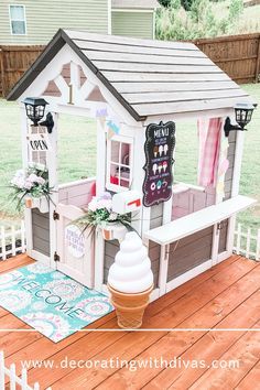 No need to pick up a paintbrush with this ready-to-go white playhouse! 🎨 Create endless memories with your kids as they play and explore in this charming outdoor retreat. #Playtime Playhouse Signs Outdoor, Ice Cream Shop Playhouse, Playhouse Outdoor Makeover, Indoor Playroom Ideas, Indoor Playhouse Ideas, Makeover Playhouse, Playhouse Cafe, Kids Playhouse Ideas, Kids Playhouse Indoor