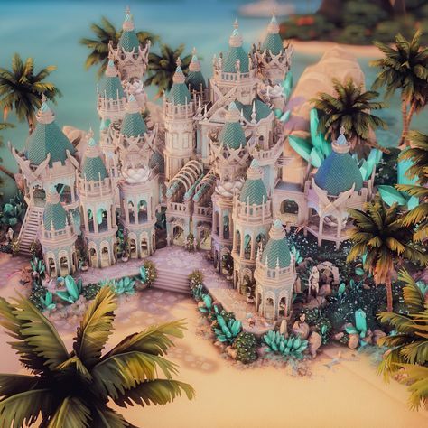 🧜🌴 Sulani Mermaid Temple 🌴🧜‍♀️ The holy Mermaid Temple is surrounded by white rocks and large palm trees. All around, the mermaids splash around in the water, enjoy the sun, lie in the warm sand and enchant listeners with their lovely singing. In this sacred place all mermaids meet, their iridescent scales glitter in the sun and their breathtaking sight beguiles mortals. But be warned, this place is only for magical creatures, anyone who went to the temple never came back... This build is i... Sims 4 Mermaid House, Large Vegetable Garden, San Sequoia, Iridescent Scales, Castle Exterior, Gamer Design, White Rocks, Games Ps4, Sims 4 House Design