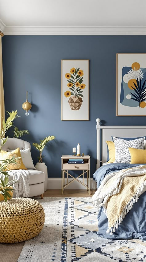 Blue Boho Girls Bedroom Blue And Yellow Farmhouse Bedroom, Blue White Yellow Bedroom, Medium Blue Bedroom Walls, Yellow And Blue Room Aesthetic, Denim Blue Bedroom Ideas, Denim Bedroom Ideas, Cozy Bedroom Ideas Blue, Denim Blue Bedroom, Yellow Accent Wall Bedroom