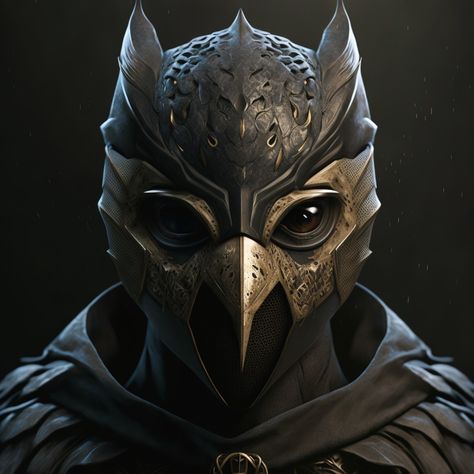 Fantasy Helmet Concept Art, Owl Helmet Concept Art, Bird Helmet Armor, Animal Mask Character Design, Owl Mask Design, Bird Mask Character Design, Crow Mask Drawing, Crow Superhero, Owl Mask Character Design