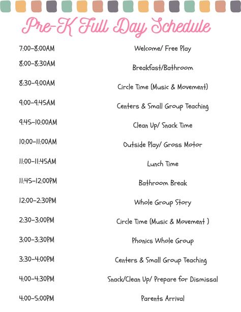 Pre-K Full Day Schedule, Preschool Schedule, Schedule, School Schedule, Kindergarten Schedule, Daycare, School Schedule -this is an editable document -pre k schedule can be used for full day program for school, homeschool or daycare Pre K Classroom Schedule, Sample Preschool Schedule, Preschool Classroom Schedule Ideas, Preschool Daily Schedule Ideas, 3s Preschool Schedule, Home School Schedule Daily Routines Pre K, Pre K Schedule Daily Routines Homeschool, Schedule For Preschool Classroom, Daily Homeschool Schedule Kindergarten