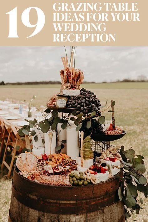 Elevated Grazing Table Ideas, Grazing Table Finger Foods, Spanish Grazing Table, Graze Tables Ideas, Charcuterie Board Centerpiece Wedding Round, Small Wedding Grazing Table Ideas, Grazing Table Centerpiece, Charcuterie Centerpiece Table Settings, Wedding Grazing Table Receptions