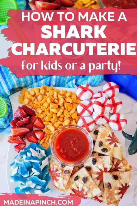 Shark Week Meal Ideas, Shark Quesadilla, Shark Week Charcuterie Board, Shark Week Food Dinner, Pool Charcuterie Board, Ocean Charcuterie Board, Pool Party Charcuterie Board, Shark Week Food Ideas, Shark Party Snacks