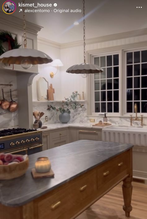 Antique Island In Kitchen, Symmetrical Kitchen With Island, Antique Wood Island, Wood Island With Sink, Cream Cabinets Wood Island, Kitchen Island Shelf Decor, Wood Counter Island, Rounded Island Kitchen, Rounded Kitchen Island