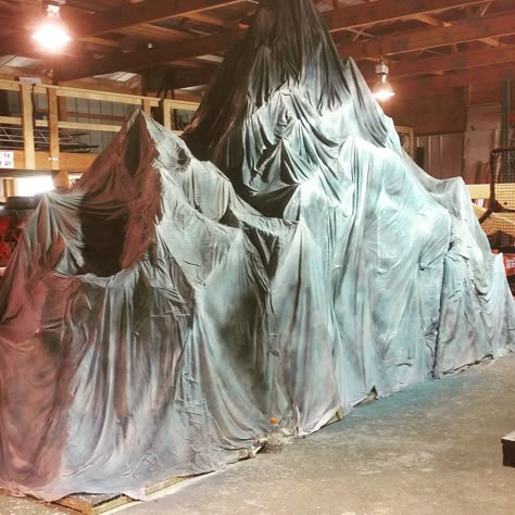 Log Cabin Parade Float, Volcano Set Design, Cave Stage Design, Mountain Stage Prop, Diy Mountain Stage Props, Mountain Vbs Decorations, Mountain Backdrop Diy, Mountains Decorations, Camp Vbs Decorations