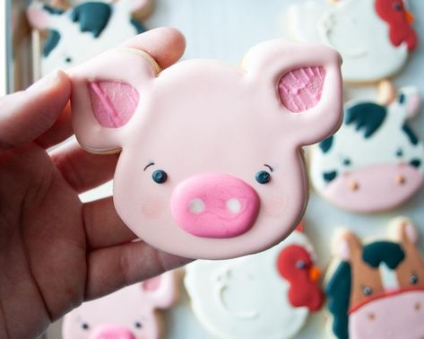 Farm Animal Cookies, cow cookies, pig cookie, hen cookie, horse cookie, custom cookies, birthday party Twins First Birthday, Farm Cookies, Pig Cookies, Pig Face, Twin First Birthday, My Animal, Fancy Cookies, Creative Cookies, Animal Cookies