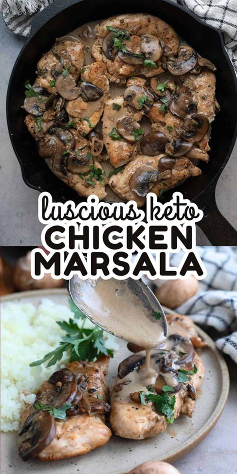 This Keto Chicken Marsala is a classic recipe with a healthy twist. You can't beat this golden pan-seared chicken topped with succulent mushrooms in a rich, velvety sauce. And it has only 4.5g of carbs per serving! Keto Chicken Marsala, Healthy Chicken Marsala, Keto Entrees, Mushroom Wine Sauce, Mushroom Recipes Healthy, Marsala Chicken Recipes, Seared Chicken, Pan Seared Chicken, Keto Dinners