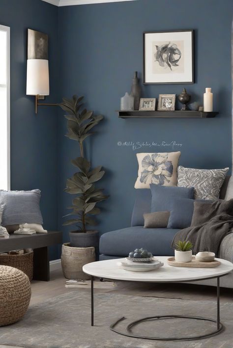 Transform your walls into deep elegance with Charcoal Blue (SW 2739)! Discover a daily interior design routine to elevate your space in 2024. #Ad #homedecor #homedesign #wallpaints2024 #Painthome #interiorarchitecture Wall Colors Green Living Room Colors Bright Living Room Colors Apartment Renovation Living room Remodeling Modern Paint Colors 2024 All Blue Living Room, Blue Paint For Living Room Walls, Slate Blue Living Room Walls, Blue Living Room Color Scheme Walls, Living Room Dark Blue Walls, Blue Moody Living Room, Trending Living Room Colors, Blue Basement Walls, Blue Grey Living Room Walls