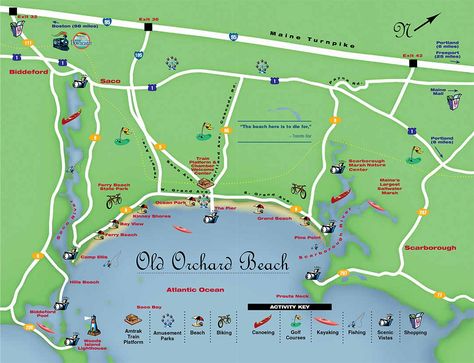 Get directions to Old Orchard Beach Maine and take advantage of our helpful maps of downtown Old Orchard Beach and Southern Maine to plan your next Maine beach vacation. Beach Planning, Old Orchard Beach Maine, Maine Beach, Ogunquit Maine, Maine Beaches, Maine Map, Maine New England, East Coast Usa, Southern Maine