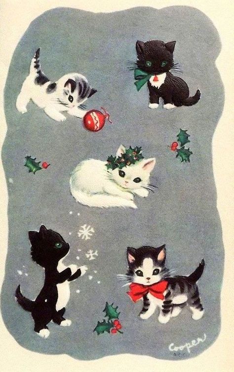 Vintage Christmas Images, Old Christmas, Christmas Past, Vintage Christmas Cards, Vintage Greeting Cards, Christmas Illustration, Vintage Cat, Christmas Aesthetic, Christmas Images