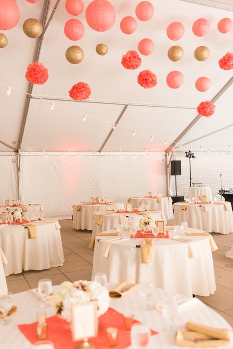 Tented Coral and Gold Terrace Wedding Reception | Madeline Jane Photography on @burghbrides via @aislesociety Coral Wedding Ideas, Coral Anniversary, Rustic Pink Wedding, Coral Wedding Decorations, Coral Party, Lantern Centerpiece Wedding, 35th Wedding Anniversary, Wedding Decoration Ideas, Quinceanera Decorations