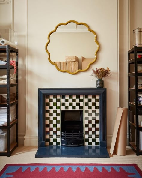 Packing Room, Tiled Fireplace, Apartment In London, Up House, Fireplace Tile, Fireplace Design, Studio Space, Wall Mirrors, Front Room