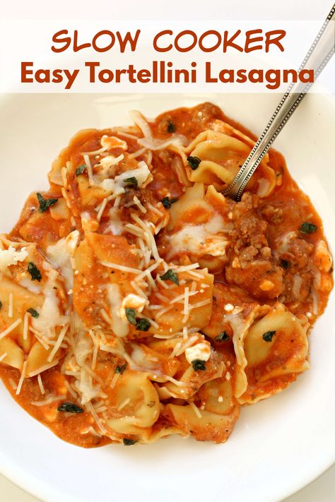 Easy Slow Cooker Tortellini Lasagna—delicious flavors of lasagna with hardly any of the work. This recipe only has 6 ingredients. It will quickly become a family favorite. #slowcooker #crockpot #slowcookerrecipe #pasta #tortellini #easyrecipe Instant Pot Lasagna Pasta, Instant Pot Recipes Tortellini, Insta Pot Tortellini Recipes, Tortellini Instant Pot Recipes, Instapot Tortellini Recipes, Instant Pot Tortellini Recipes, Instapot Tortellini, Tortellini Lasagna, Slow Cooker Tortellini