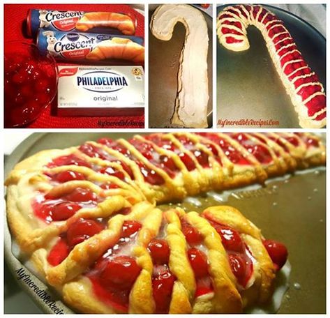 This Candy Cane Cheese Danish makes a great presentation on any holiday spread. Smells and tastes absolutely amazing, everyone will love it! Canned Cherries, Cheese Danish, Crescent Roll Recipes, Christmas Brunch, Incredible Recipes, Christmas Breakfast, Super Easy Recipes, Christmas Snacks, Christmas Cooking