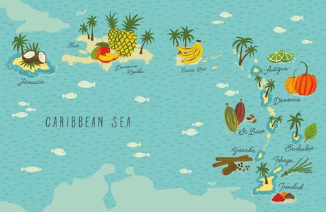 Carribean Map, Economic Map, Trinidad Map, Caribbean Kitchen, Jamaica Map, Maps Aesthetic, Menu Illustration, Illustrated Maps, Caribbean Rum