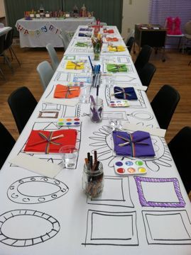 Drawing Party Ideas, Drawing Birthday Party, Art Party Table Decorations, Art Party Food, Coloring Table Birthday Party, Art Gallery Party, Kids Art Party Theme, Kids Art Party Table, Painting Activity For Birthday Party