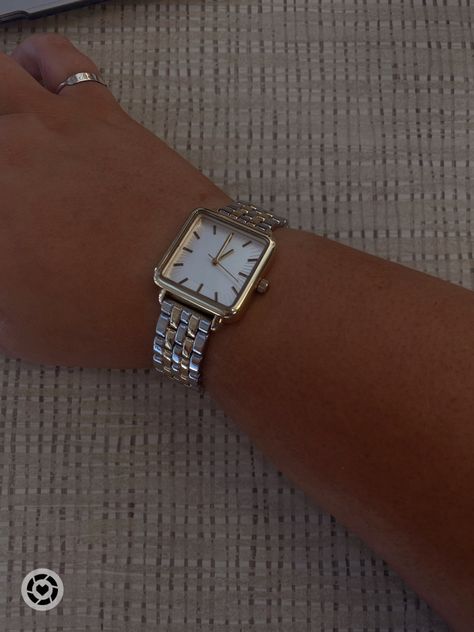 Silver And Gold Square Watch, Square Face Watch, Square Face Watches For Women, Gold Square Watch, Silver Watch Aesthetic, Square Watch Women, Pretty Stacks, Silver Watches, Gold And Silver Watch