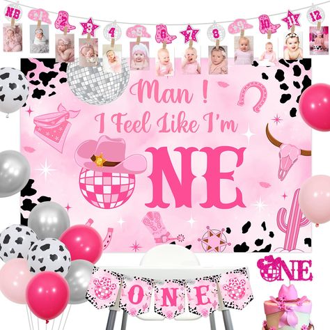 PRICES MAY VARY. Package Includes: 1pc Man I Feel Like I’m One backdrop 5*3 ft, 1pc disco cowgirl first birthday photo banner, 1pc disco cowgirl 1st birthday high chair banner, 1pc one cake topper, 16pcs latex balloons, 2pcs ribbons. High Quality: Cowgirl 1st birthday decorations are made of premium latex, vinyl, glitter cardstock and printing cardstock, sturdy and durable. Unique Design: Disco cowgirl first birthday party decorations are designed as cute disco cowgirls themed patterns, matching Man I Feel Like I’m One First Birthday, This Aint My First Rodeo Girl, Man I Feel Like I’m One Birthday Girl, Man I Feel Like Im One Birthday, Disco Cowgirl 1st Birthday Party, Western First Birthday Girl, Man I Feel Like I’m One Birthday, Disco Cowgirl First Birthday, Disco Cowgirl 1st Birthday