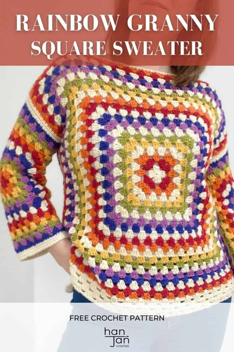 The Rainbow Granny Square Sweater is an easy to make and even easier to wear beginner crochet garment that you will love! Simply make 4 granny squares and seam them together with a few details to create a stunning crochet box sweater that you will wear every season. With endless colour possibilities you can make yours unique and it’s perfect for yarn stash busting too! In sizes XS-3X. A quick and easy crochet project perfect for Pride! #grannysquare #pride #crochetsweater Grabby Square Sweater, Granny Squares Sweater Pattern, Easy Crochet Granny Square Sweater, Crochet Granny Square Pullover Sweater, Crochet Granny Square Jumper Pattern, Grannie Square Sweater, Granny Square Clothing Patterns Free, Crochet Granny Square Sweater Free Pattern, Easy Granny Square Sweater