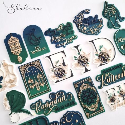 Ramadan Graphic Design, Emerald Green Theme, Navy Blue And Emerald Green, Eid Treats, Cookies Drawing, Ramadan Theme, Eid 2024, Eid Sweets, Cookie Drawing