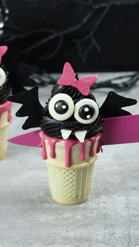 Liz Nicolaou on Reels | Retrospectre · Halloweentown Theme Cake Cones, Melted Peanut Butter, Oreo Cream Cheese, Bat Cake, Cake In A Cone, Black Cocoa, Oreo Cream, Chocolate Cake Pops, Mousse Dessert