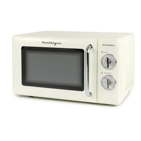 Nostalgia 0.7 Cu. Ft. 700-Watt Microwave With Retro Dials, Ivory – Nostalgia Products Vintage Microwave, Retro Kitchen Appliances, Hey Boy, Countertop Microwave Oven, Retro Fridge, Small Microwave, Chrome Door Handles, Countertop Microwave, Chrome Handles