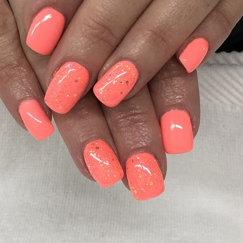 Bright Summer Coral Glitter Gel Nails  Light Elegance Tailgator & Mango Crush Fun Bright Nail Color Ideas, Coral Shimmer Nails, Coral Color Nails Summer, Summer Nails With Sparkle, Bright Shellac Nails, Holiday Nails Summer 2023 Coral, Classy Summer Gel Nails, Coral Gel Nails Summer, Bright Peach Nails