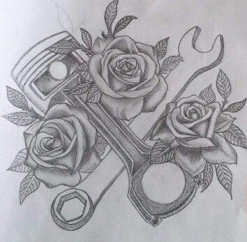 Piston & Roses tattoo Wrench Tattoo, Piston Tattoo, Engine Tattoo, Tattoos For Dad Memorial, Tool Tattoo, Mechanic Tattoo, Petit Tattoo, Western Tattoos, Roses Tattoo