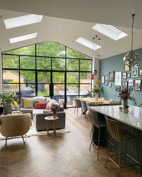 Open Plan Kitchen Dining Living Crittal, Kitchen Diner Family Room, 1930s House Interior, 1930s House Renovation, Lounge Diner, Kitchen Diner Extension, Extension Plans, House Extension Plans, Open Plan Kitchen Dining Living