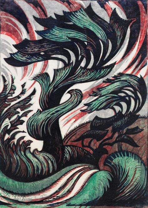 British-born Canadian artist Sybil Andrews (1898-1992) produced these incredible modernist linocuts.  The Gale , 1930. no 36/50. From the bo... Sybil Andrews, Relief Prints, Lino Cuts, Lino Prints, Relief Printing, Relief Print, Wood Engraving, Canadian Artists, Lino Print