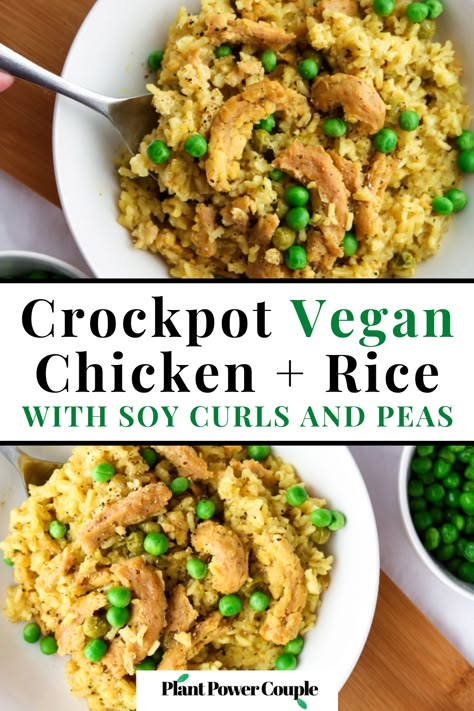 This super easy slow cooker vegan chicken and rice is classic comfort food made meatless with soy curls! It's one of our absolute favorite healthy vegetarian crockpot recipes with rice, perfect for busy work week meals or a meal prep session. This hearty plant-based and gluten-free dinner recipe is also kid friendly and easily made oil-free. The recipe makes a TON too, so there will be plenty of leftovers! #vegancrockpot #veganslowcooker #vegetarianslowcooker #vegandinner Slow Cooker Meal Prep Vegetarian, Recipes With Soy Curls, Plant Based Crockpot Meals, Wfpb Crockpot Recipes, Vegan Rice Cooker Recipes, Soy Curls Recipes Vegan Healthy, Meatless Crockpot Recipes, Crockpot Tofu Recipes, Crockpot Vegan